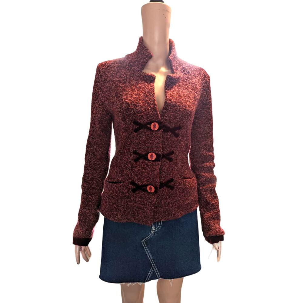 Anthropologie HWR Sz M Red Velour Marled Boucle Wool Blend Cardigan Sweater
